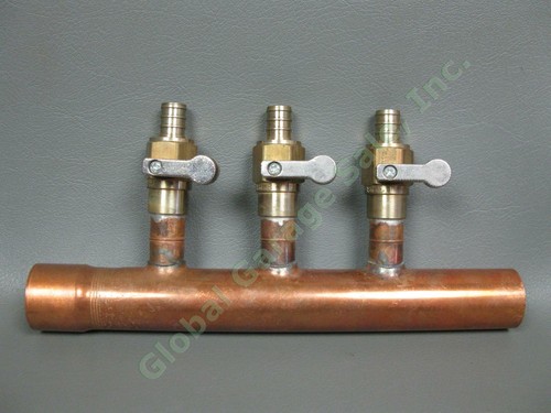 3-Port 1/2" PEX Plumbing Manifold With Ball Valves - Sweat (Solder) Connection, Copper & Brass