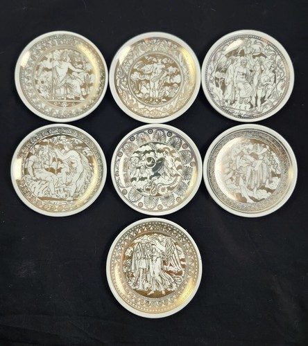 Juego de 7 posavasos vintage de porcelana Fornasetti Italia Mitologia oro 4 pulgadas - Imagen 1 de 7