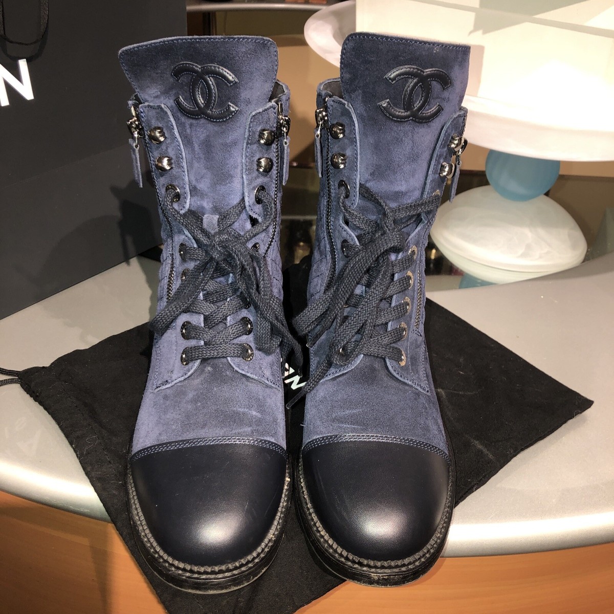 Chanel Blue Suede and Leather Combination Combat Boots Size 41,5