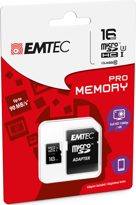 MicroSD HC 1 Memory Card Class 10 + SD Adapter 16GB Pro (3D / 4K) EMTEC