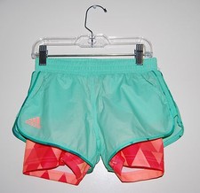 NWT Adidas Big Girls Mint Green Layered Club Shorts w/ Built-In Orange Tights M