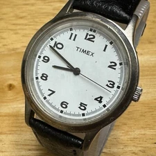 Retro Timex Quartz Watch Men Silver Easy Read Leather Band Analog New Battery