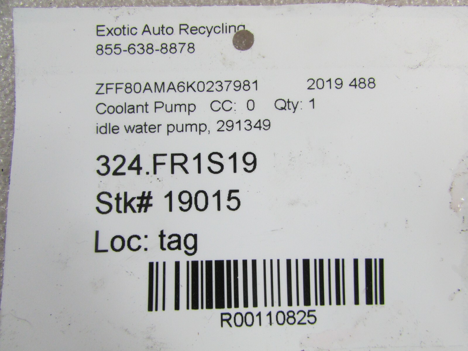 Ferrari 488, Idle Water Pump, Used, P/N 291349