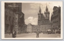 Prague Old Town Square Astronomical Clock Tyn Church Tram Street Scene 1929