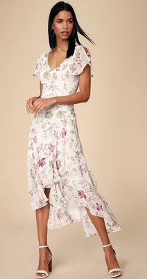 Lulus Lovestruck White Floral Print High-Low Midi Dress Women's Size Large NWT!