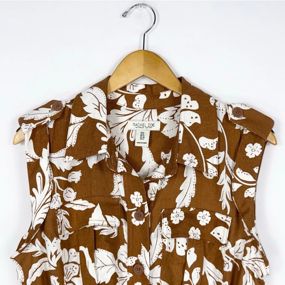 Mameluco para mujer Rachel Zoe mezcla de lino tropical con cinturón talla 8 marrón blanco Foto 3 de 4