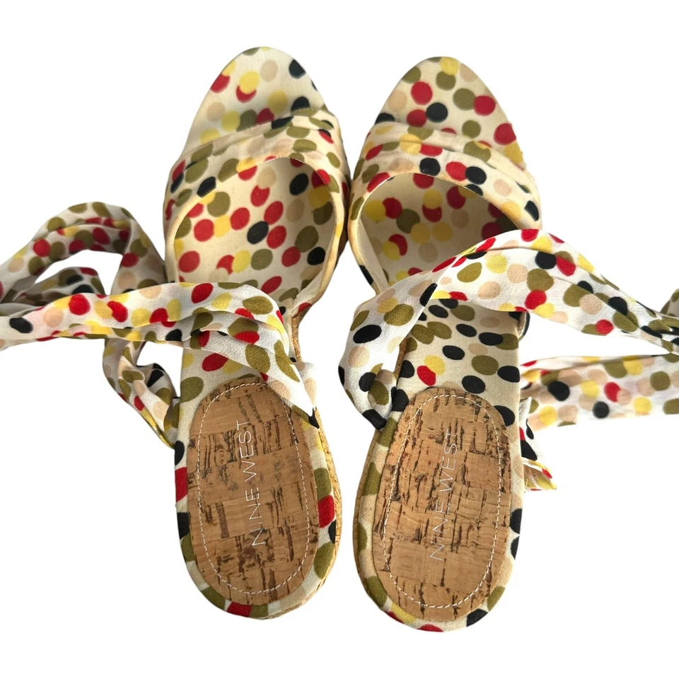 Nine West Janaki Polka Dot Ankle Wrap Strap Platform Sandals Multi Women's 8M — 第 3/4 张图片