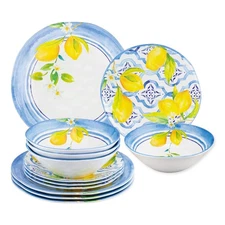 UPware 12 Piece Lovely Lemons Melamine Dinnerware Sets, Outdoor Dishes Set, P...