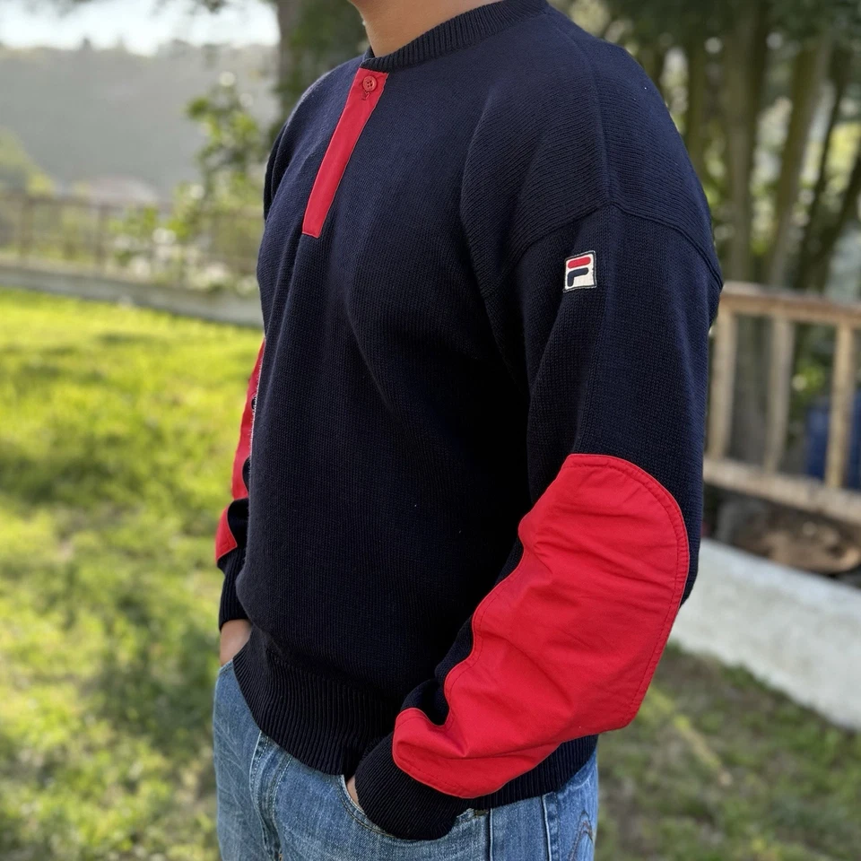 Suéter de Lana FILA Para Hombres L Italia Bjorn Borg Tenis Codo Parches De Colección Años 80 Pullover Foto 3 de 4
