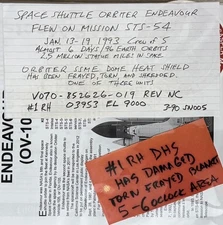 STS-54 SPACE SHUTTLE MISSION FLOWN ORBITER SSME DOME HEAT SHEILD SCCS VERIFIED