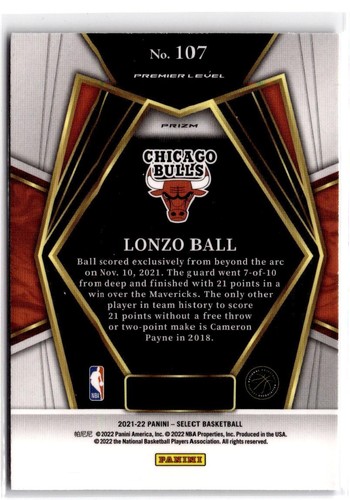 2021-22 Panini Select Lonzo Ball #107 Blue Shimmer Prizms Chicago Bulls - Bild 2 von 2