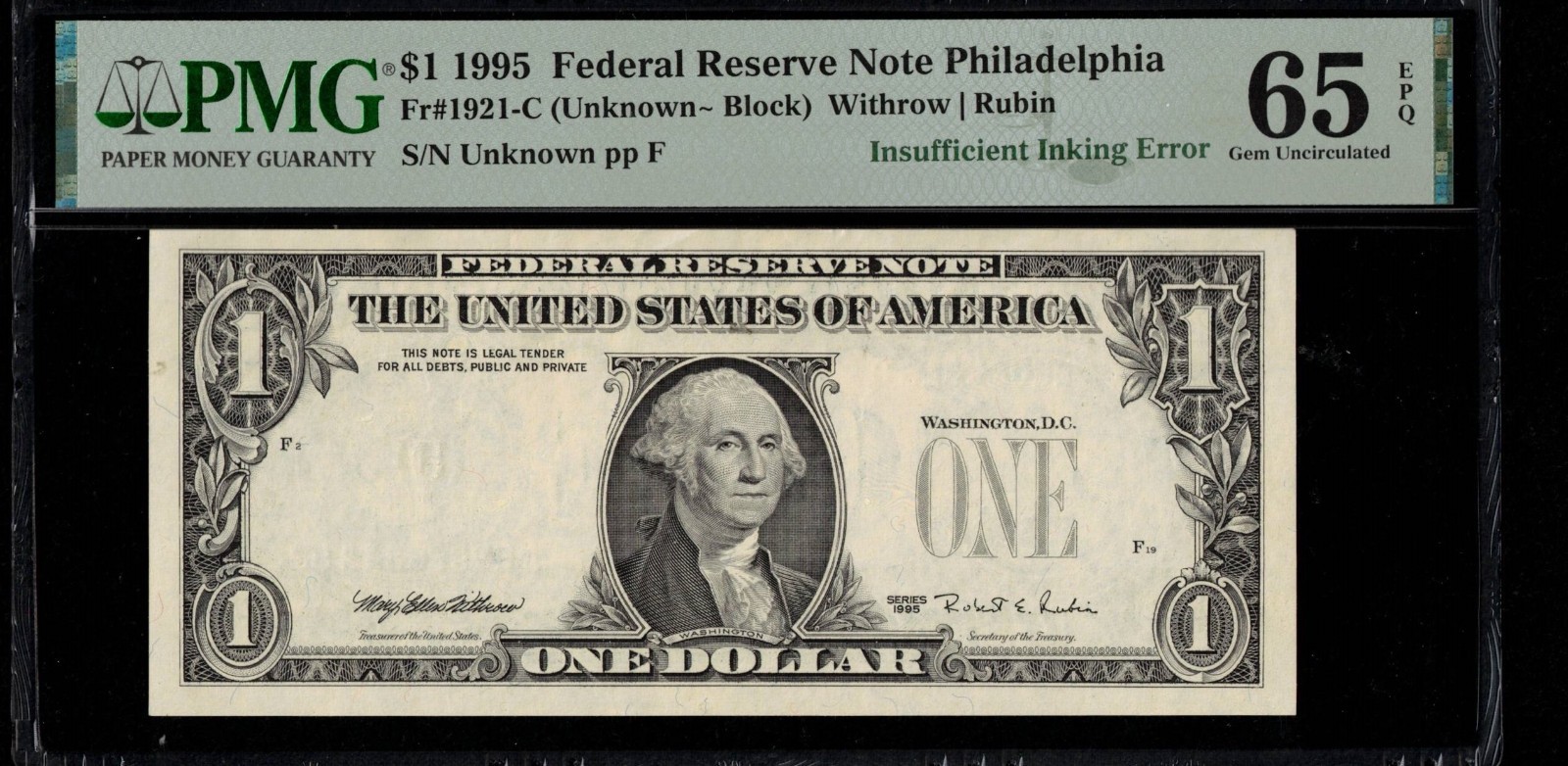 1995 $1 FRN MISSING OVER-PRINT P.M.G #65EPQ