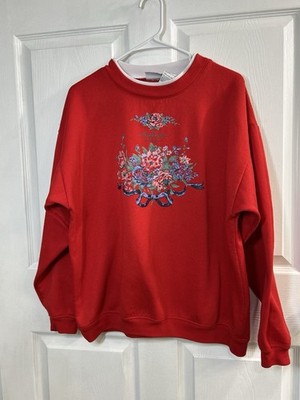 Basic Editions Limited Edition Red Floral Crewneck Pullover Sweatshirt Women XL