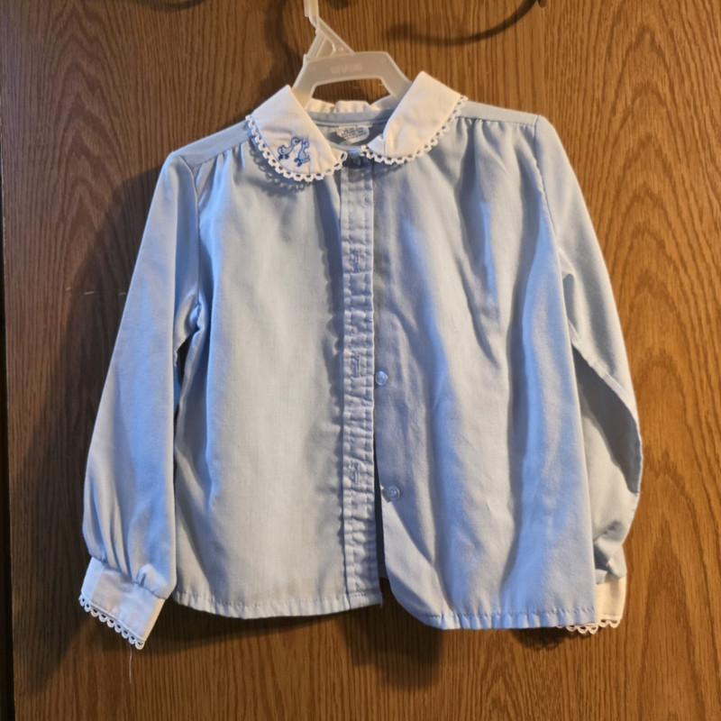Girls 3-6 Mos Blue Long Sleeve Button Blouse with White Lace Collar