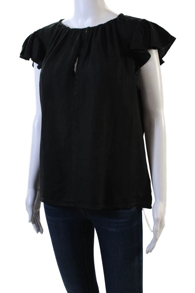 Velvet by Graham & Spencer Womens Linen Ruffled Sleeves Blouse Black Size Small - Image 2 of 4