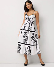NWT WHITE HOUSE BLACK MARKET Pleated V-neck Midi Dress Floral Grid White , Sizes