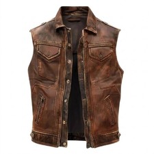 Men  s Brown Vintage Leather Biker Vest Distressed Motorcycle Waistcoat