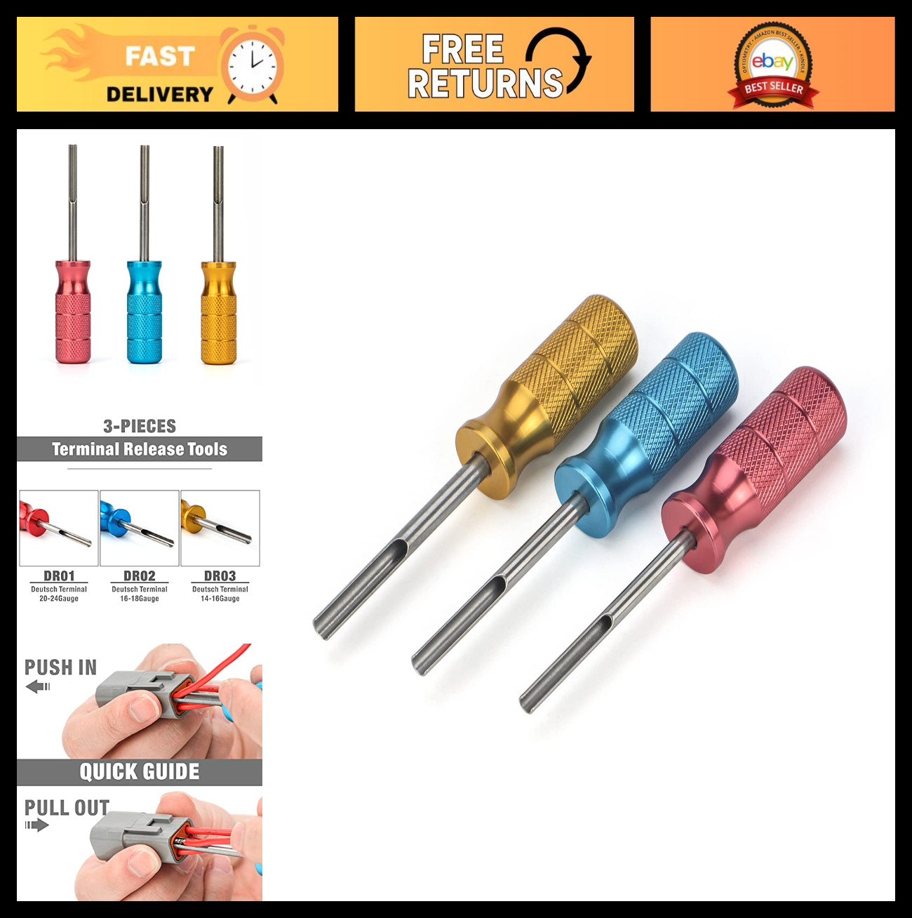 Terminal Extraction Tool Kit for Deutsch Contacts, 14-24 Gauge, 3-Piece Set