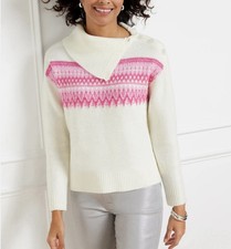 Talbots NEW Split Neck Sweater Whimsical Fair Isle Ivory Pink Women  s Size Large