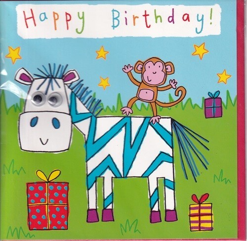 funny Birthday card googly moving eyes zebra & monkey