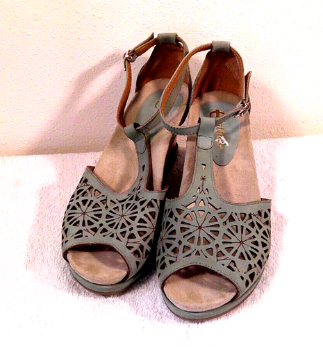 Earthies Women's Wedge Shoes 7 Drab Green Mary Janes Ankle Strap open toe - Picture 4 of 10