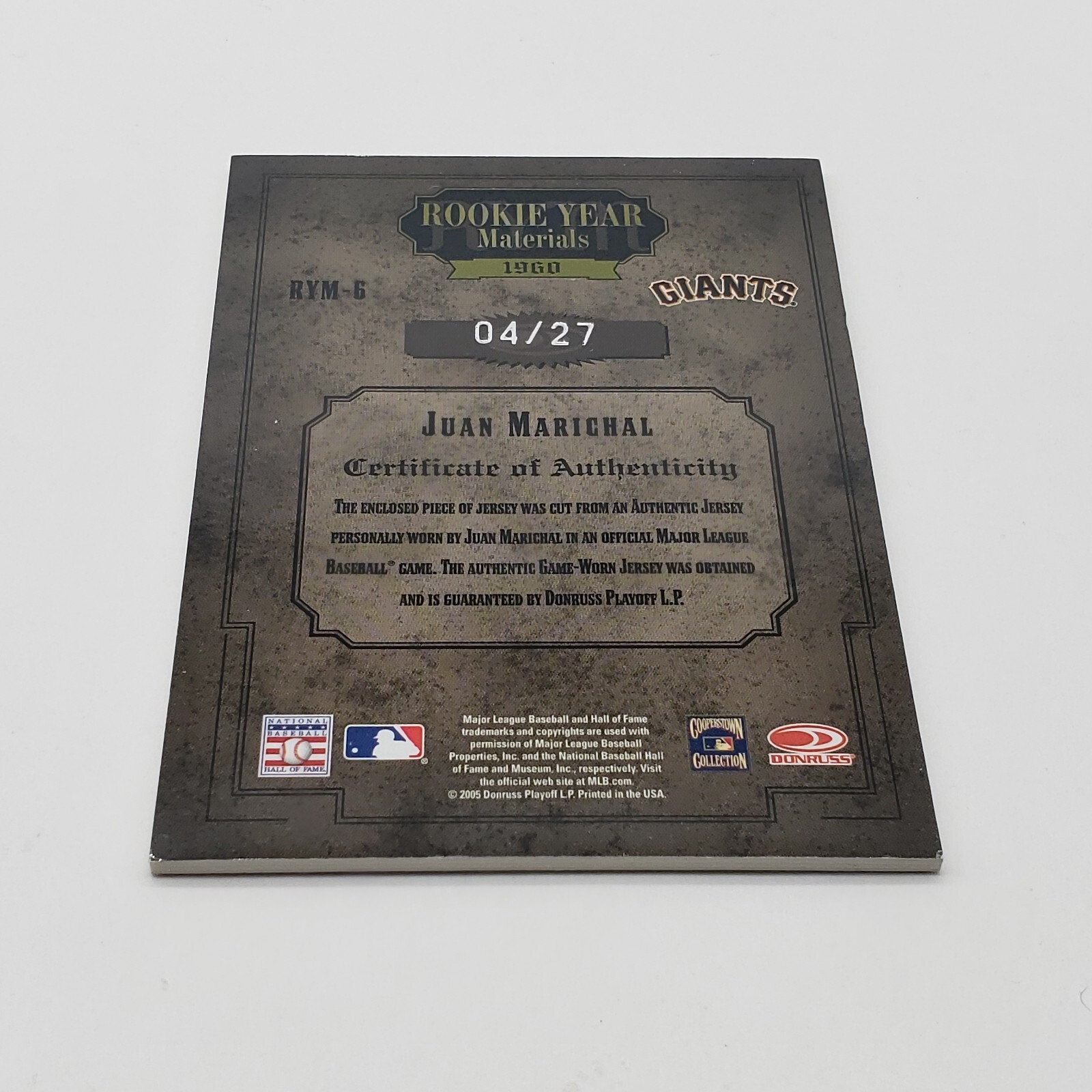 2005 Donruss Timeless Treasures Juan Marichal #RYM-6 Game Used Jersey /27 HOF view 5
