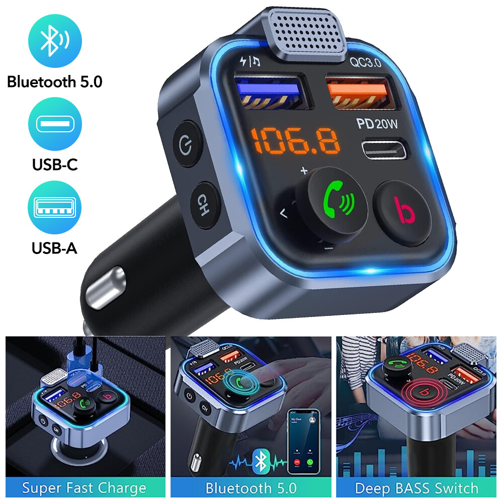 Wireless FM Transmitter Car Adapter Type-C PD 20W+ QC3.0 Fast USB Charger PD20W