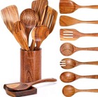 9 Piece Natural Teak Wooden Kitchen Utensil Set with 9 PCS SET, Wood 