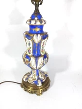 Antique Porcelain Lamp Bourdois & Bloch French Empire Floral Painted Blue White