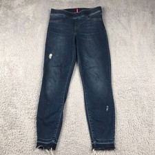 Spanx Jeans Womens M Dark Wash Distressed Pull On Stretch Skinny Ankle Raw Hem