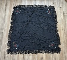 Beautiful Vintage Embroidered Beaded Floral Black Fringe Piano Shawl