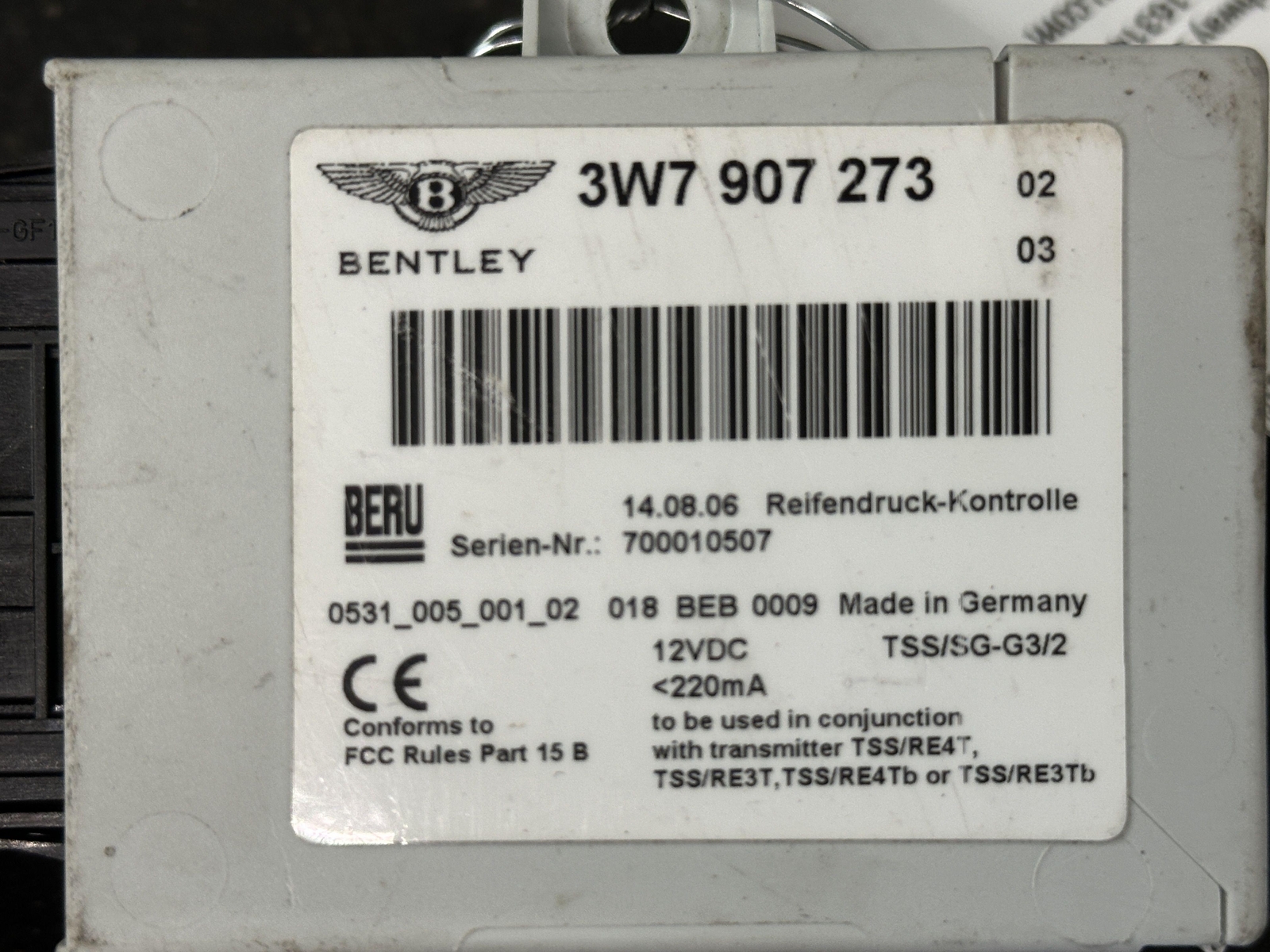 06-12 BENTLEY CONTINENTAL GT TIRE PRESSURE MONITOR MODULE TPMS ID 3W7907273