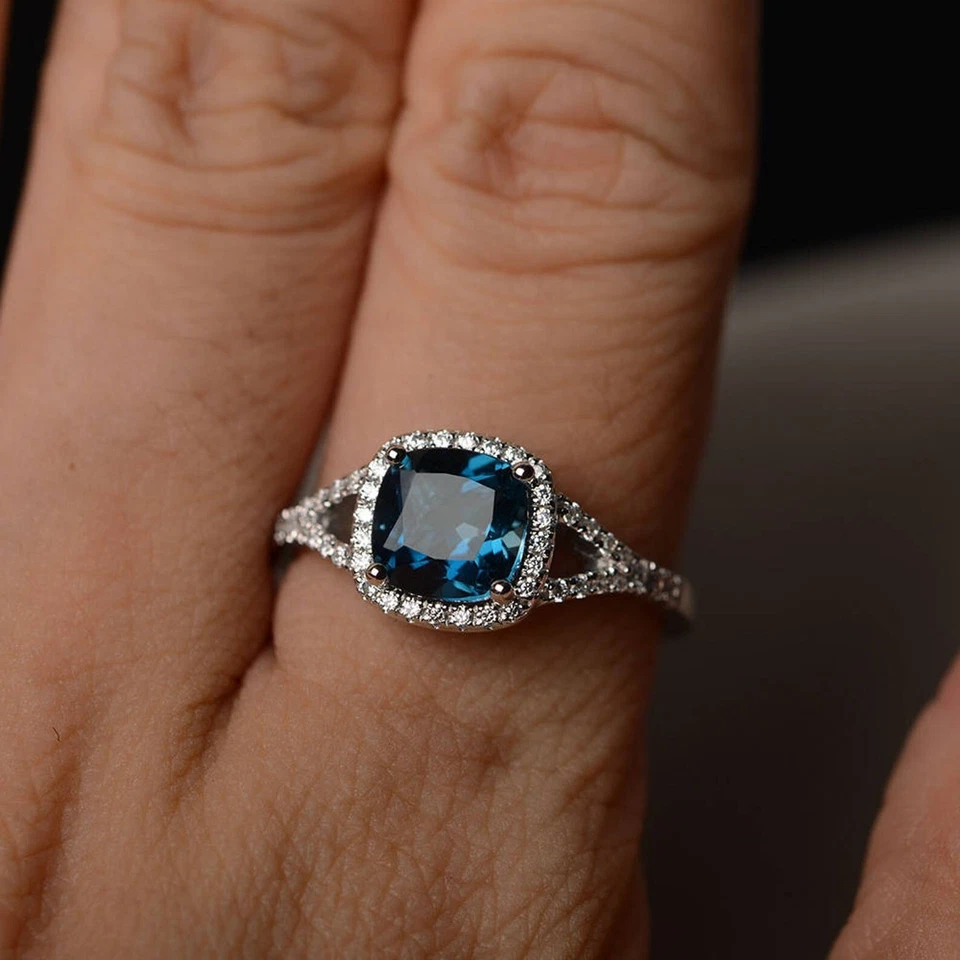 Real London Blue Topaz Ring Cocktail Ring Cushion Cut Blue Gemstone Halo Ring - Image 4 of 4