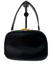 Vintage 1950's Hard Side Black Leather Handbag w/ Gold Flower Hardware