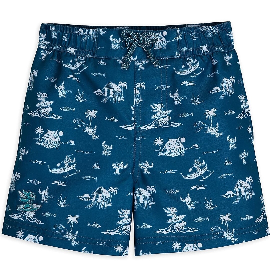 Disney Lilo Stitch Swim Trunks Blue Aloha Tiki Shorts UPF 50