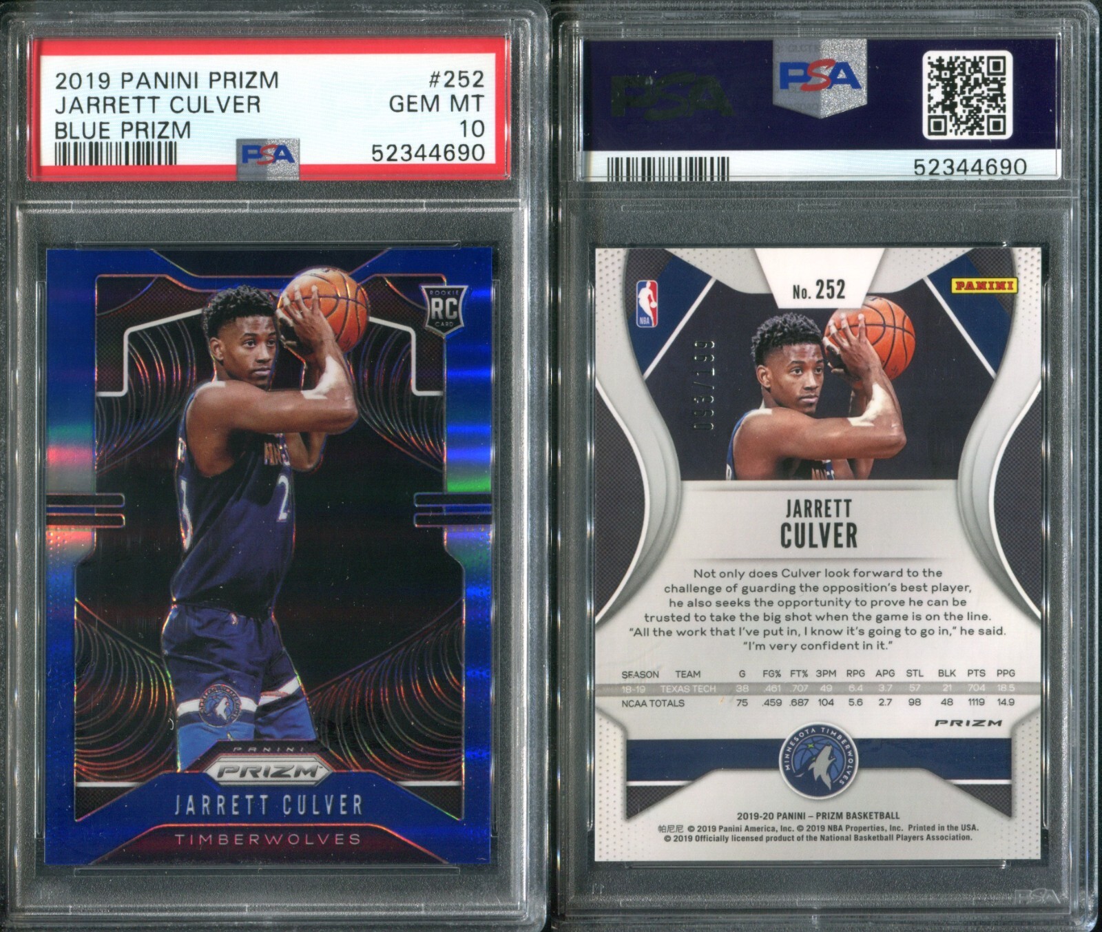 PSA 10 2019-20 Panini Prizm Prizms Blue #252 Jarrett Culver RC /199 Timberwolves