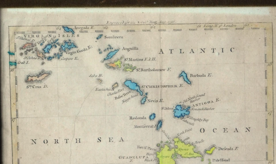 Редкая антикварная карта Карибские острова 1756 Карибский бассейн Тос. Jefferys ручной цвет - Изображение 4 из 4
