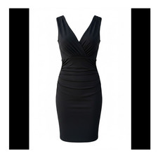 Karen Kane Sheath Dress Black Ruched Sleeveless V-Neck Knit Stretch Size L