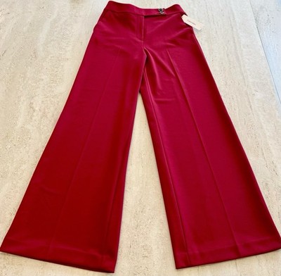 Calvin Klein Red Wide-Leg Dress Pants High Rise Crepe Pockets Button Size 10