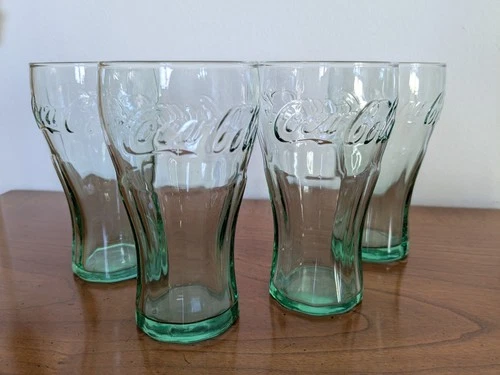Set of 4 Libbey Mini Coca Cola Coke Vintage Drinking Glasses 4 3/8" Green Tinted