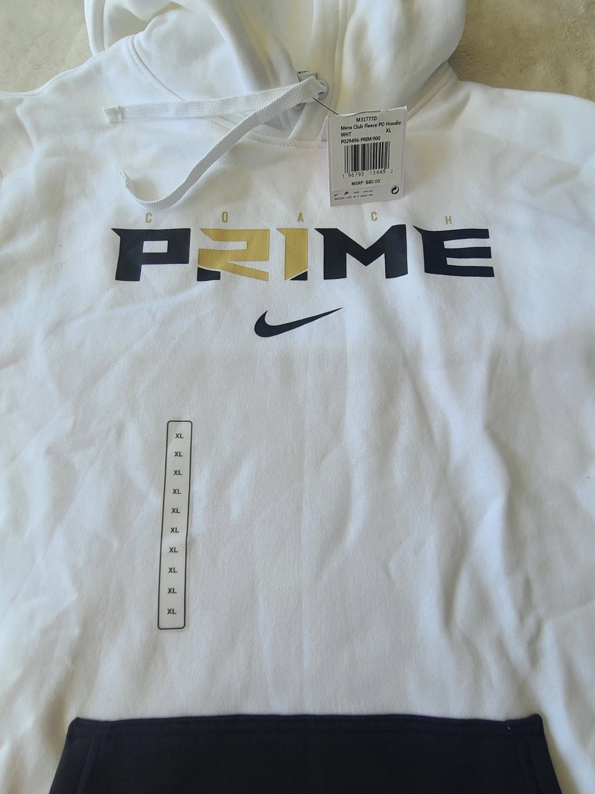 Felpa con cappuccio Nike Coach Prime 2.0 bianca Club Deion Sanders nuova con etichetta taglia XL