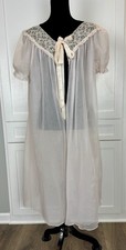 Vtg 60s Pink Peignoir Double Chiffon Sheer Robe Puff Sleeve Lace Trim M/L
