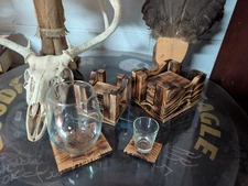 Hand Crafted Rustic Matching Set Of Regular And Shot glass Coasters With Holders