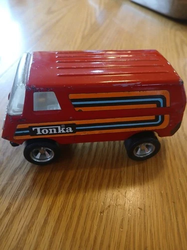 Vintage 1970's Tonka Red 5" Pressed Steel Van Orange Blue Stripes USA