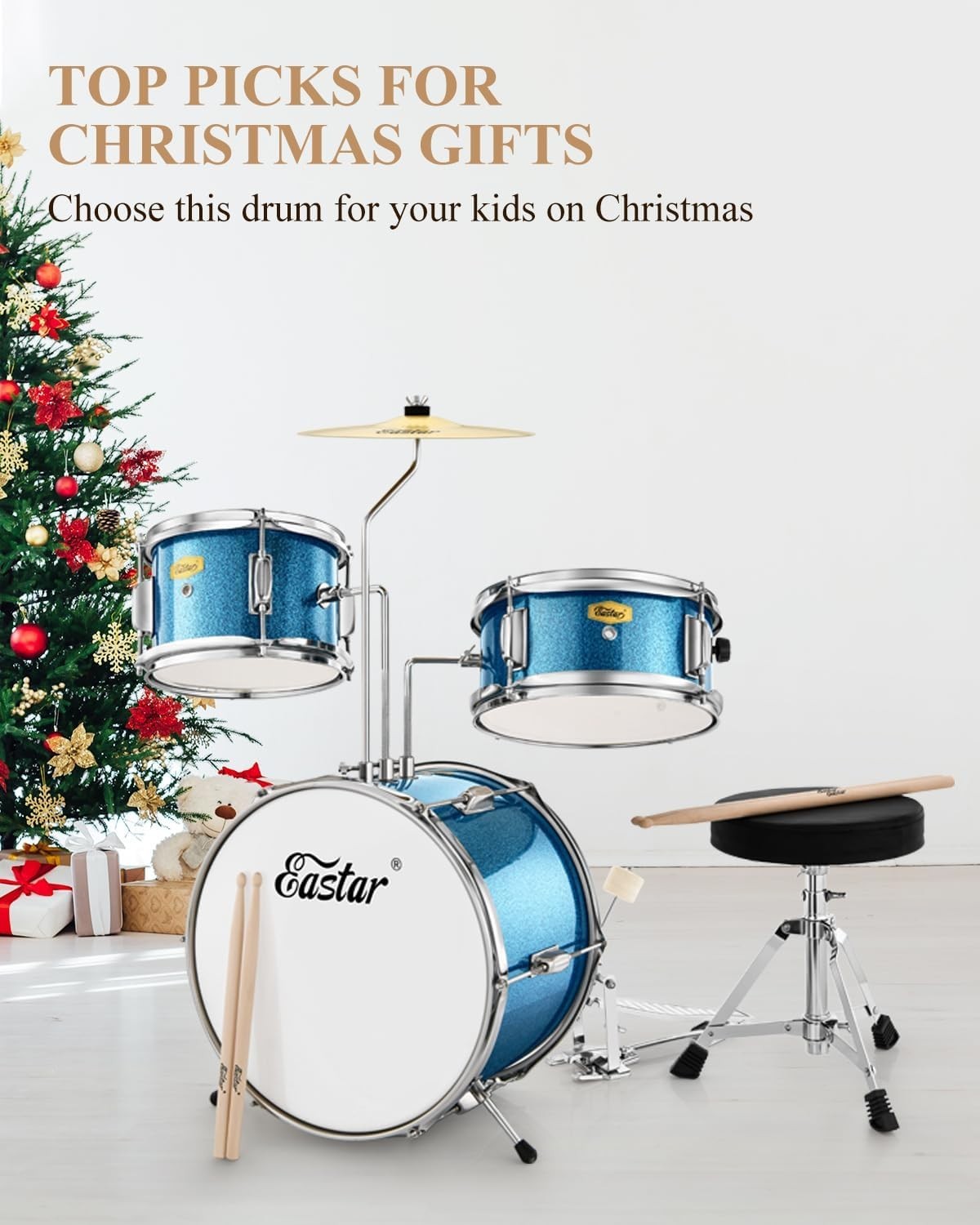 Metallic Sky Blue Kids Drum Kit: 14-Inch Beginner Set with Adjustable Throne