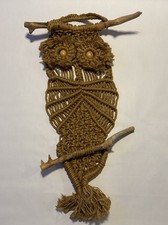 Vintage Handmade Macrame Owl Wall Hanging Jute Wood Approximately 36  Long