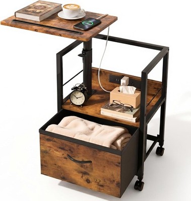 Swivel Lift  Nightstand with Charging Station, Rolling Side Table for Recliner,