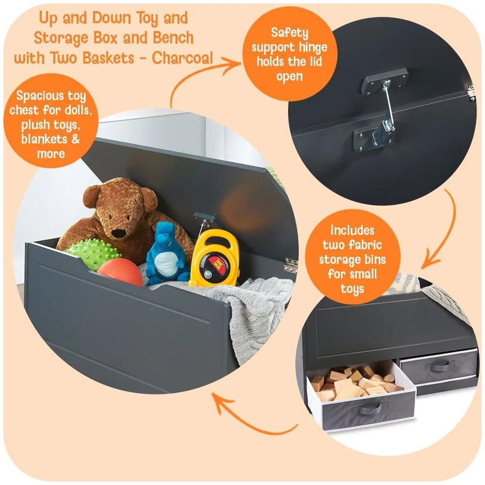Toy Box and Storage Bench - Chest and Seat Combo with 2 Reversible Baskets, S... - Image 2 of 4
