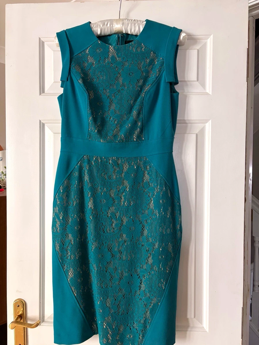 Vestido Adrianna Papell Verde Azulado Floral Encaje Cuello Redondo Manga Larga Rodilla Reino Unido 10