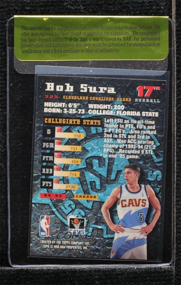 BAS 1995-96 Topps Stadium Club Bob Sura #325 Auténtico Automático Novato RC Foto 2 de 2